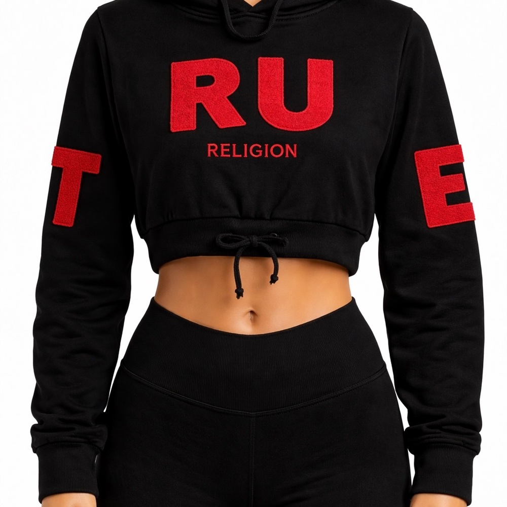 Never worn but has been washed 
True Religion Black Cropped Hoodie red letters